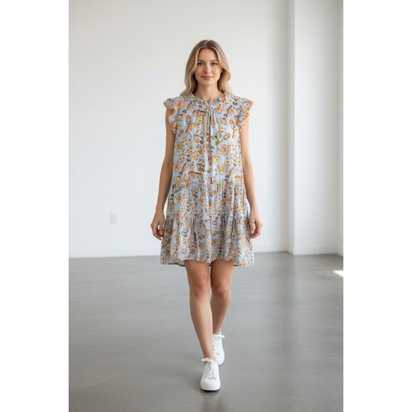 THML Dresses & Skirts - THML Floral Ruffle Mini Dress Blue Boho Tiered Cottagecore XS